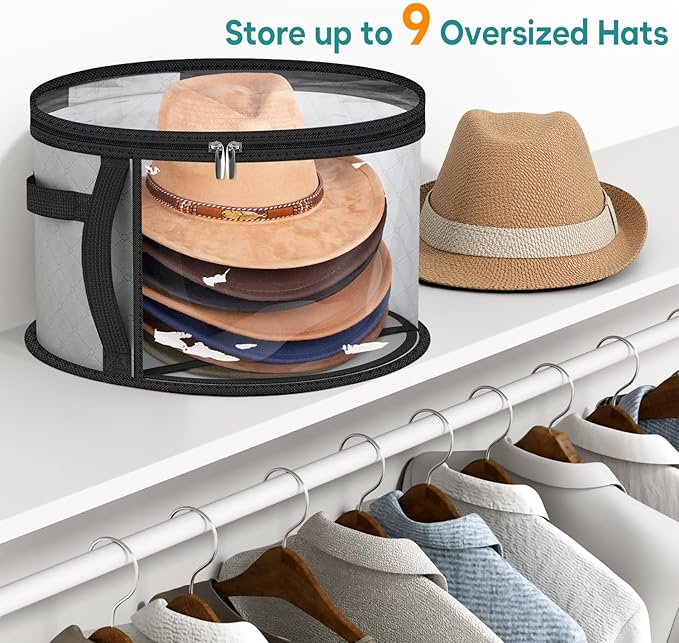 AOODA 18'' Oversized Clear Hat Storage Bag for Women, Holds up to 9 Caps Cowboy Hat Organizer for Closet, Wide Brims Hat Case with Carrying Handles (Grey)