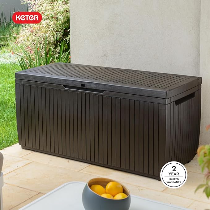 Keter Springwood 80 Gallon Resin Outdoor Storage Box for Patio Furniture Cushions, Pool Toys, and Garden Tools with Handles, Brown
