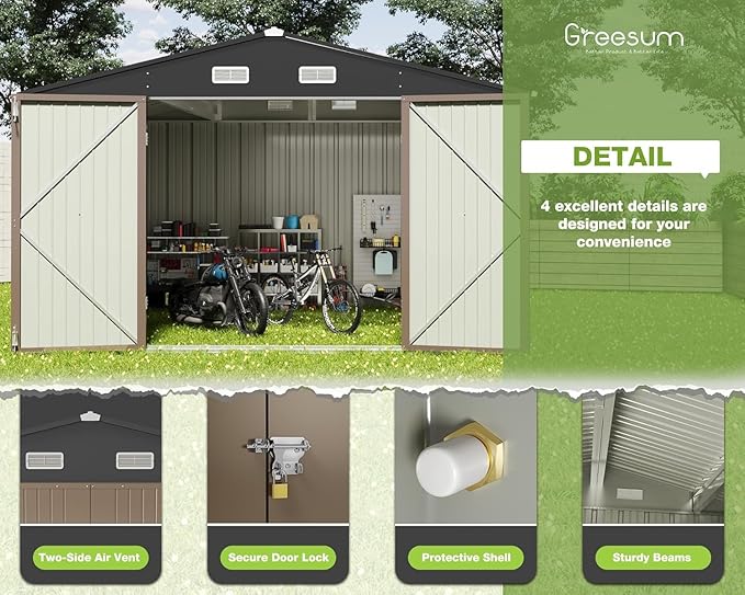 Greesum 10x10FT Outdoor Storage Shed, Utility Tool Shed Metal Storage Shed with Door & Lock for Patio Storage, Garden, Lawn, Brown