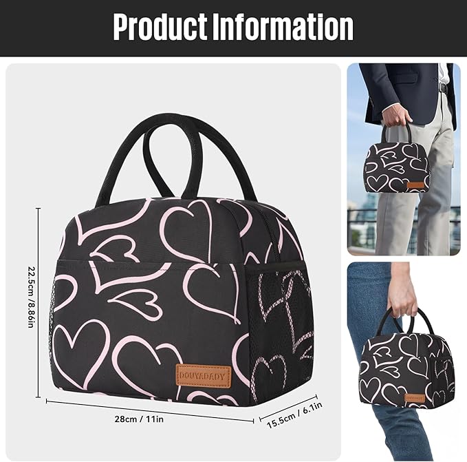Lunch Bag Women/Men Lunch Box Women/Men (black+pink heart)