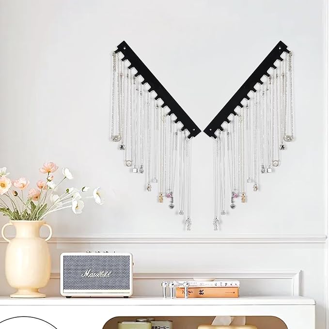 Acrylic Necklace Holder 2 Pack Wall Mounted Necklace Organizer Hanging Jewelry Organizer with 12 Hooks for Necklaces, Bracelets, Rings and Bangles Display Black