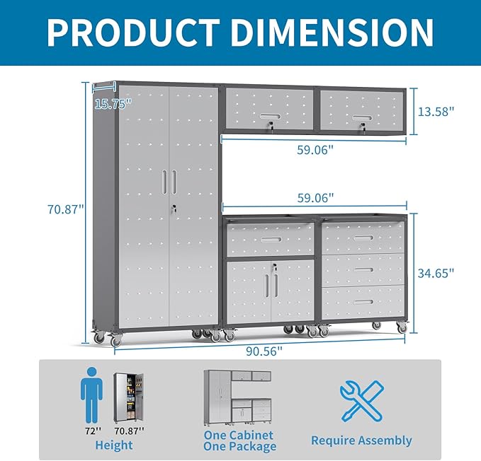 Garage Storage Cabinets System 5PCS Workshop Set with Drawers Locking Heavy Duty Rolling Cart with Adjustable Shelves Garage Tool Workbench Cabinets (5 PCS-2)
