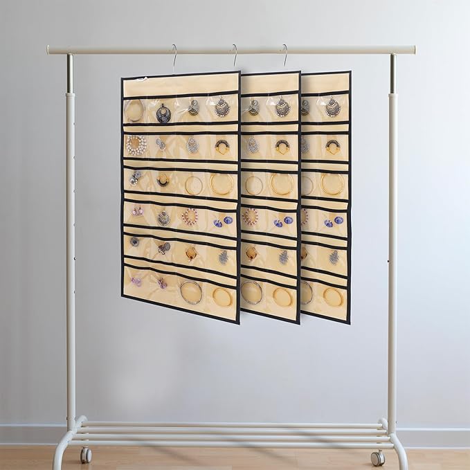 Hanging Jewelry Organizer, Double-Sided Storage with 24 Clear Pockets & 15 Hook Loops, 360° Rotating Hanger, Foldable Closet Jewelry Holder for Necklaces, Bracelets, Rings, Earrings, Beige