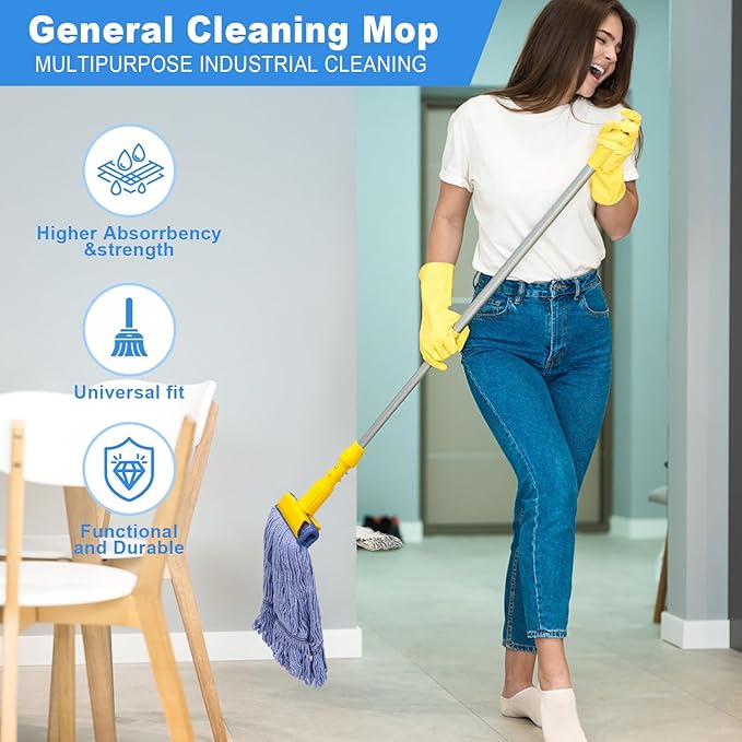 2 Pack Mop Head Replacement, Cleaning Heavy Duty Mop Head Commercial Replacement, Wet Industrial Blue Cotton Looped End String Head Refills, Heavy Mop Replace Head, for General and Floor Cleaning