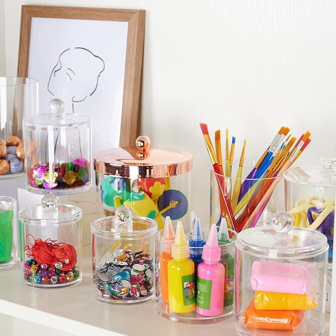 SheeChung Clear Acrylic Qtip Holder with Labels–Shatterproof Plastic Apothecary Jars for Bathroom Organization–Vanity Cotton Swab Holder Canisters for Cotton Balls, Pads, Floss Picks-Minimalist Decor