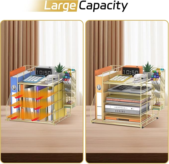 Gold Desk Accessories, 5-Tier Desk Organizer with Magazine Holder, Paper Organizer with Pen Holder for Home, Office or School Supplies