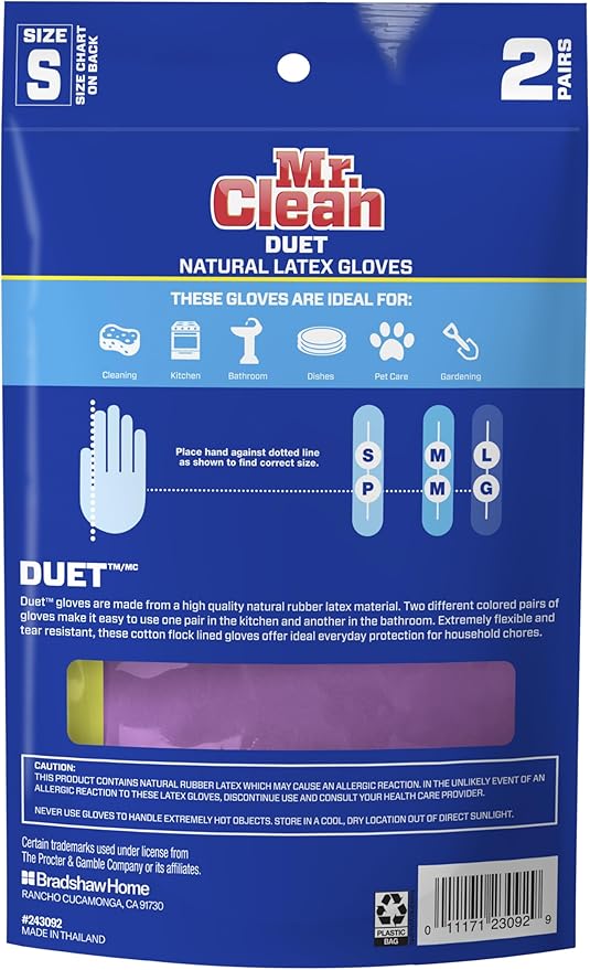 Mr. Clean Duet Reusable Latex Cleaning Gloves with Non-Slip Grip, 2 Pair, Small