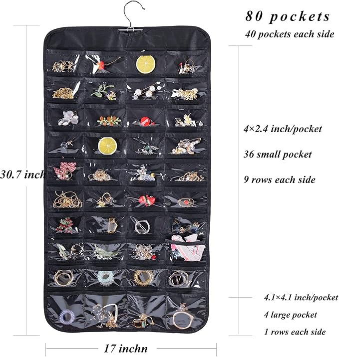 Bloss Hanging Jewelry Organizer, 2 Sided 80 Pocket Jewelry Chain Storage Bag 2 Layer of Fabric Jewelry Organizer for Necklace Bracelet Earring Ring Chain, Earring Holder - Black