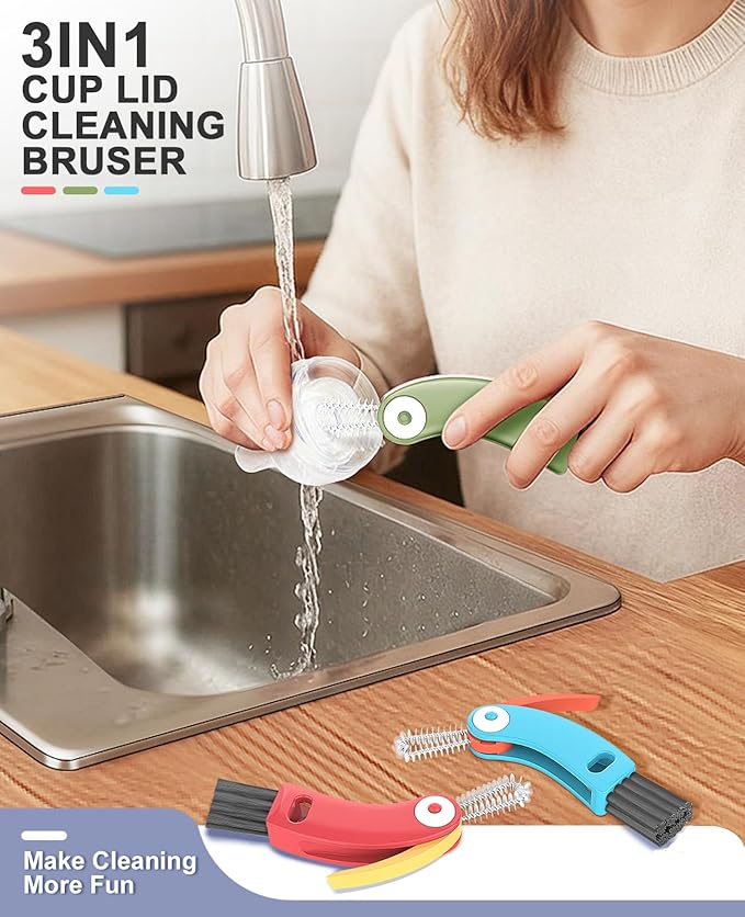 3 in 1 Cup Lid Cleaning Brush 3 PCS - Multifunctional Cleaning Brush Set for Tight Spaces, Bottle Gaps & Travel Mugs | Portable Durable Cup Lid Cleaner Tools (Multicolor)