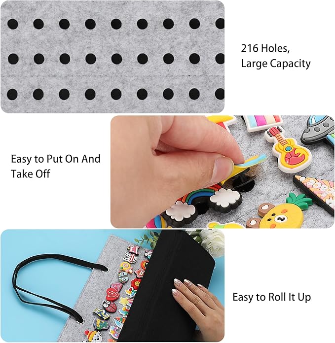 JUXYES Shoe Charms Organizer Wall Hanging Collection Holder With 216 Holes, Portable Decorative Croc Display Hanging Decoration Storage Organizer, Gray