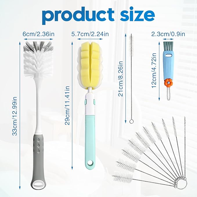 14 Pcs Bottle Brush Cleaner Set, Water Bottle Brush with Long Handle, Kitchen Scrub Cleaning Brushes, Straw & Lid Brushes for Glass, Cups, Coffee Mugs, Sports Bottle