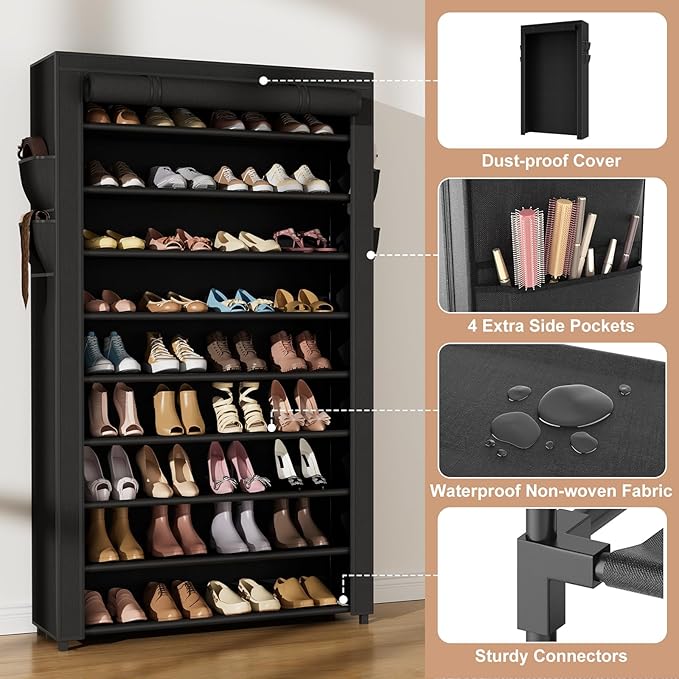 Shoe Rack with Cover Narrow Shoe Organizer with Pockets 10 Tier Tall Shoe Storage Holds 36-41 Pairs Shoes and Boots Shoe Rack for Closet Entryway Garage, Black