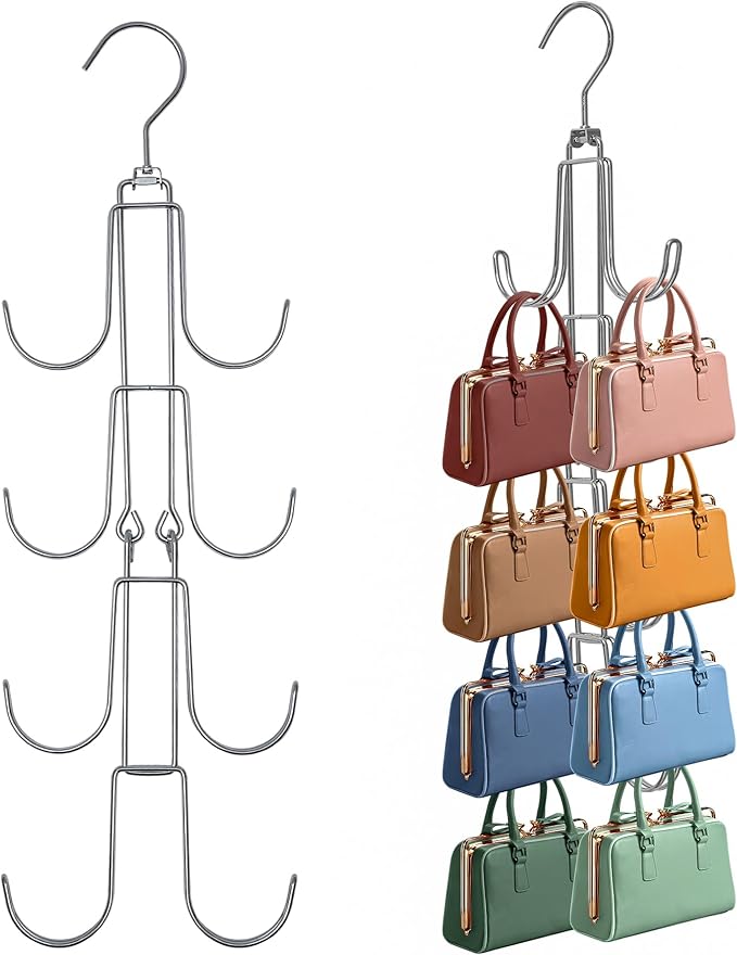 1 Pack Purse Organizer for Closet, 4-Tier Hanging Bag Holder, Silver Metal Closet Organization Purse Hanger Backpack Rack Space Saving Hanger