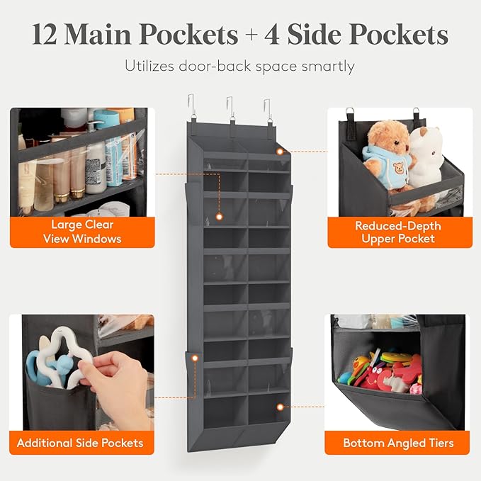 Lifewit 1 Pack Over the Door Organizer, Clear Window Hanging Storage with 4 Mesh Side Pockets, Anti Tilt 40 lbs Load Behind Door for Pantry, Nursery, Bathroom, Bedroom, Dorm, 12 Section, Gray