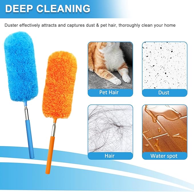 4 Pack Small Washable Microfiber Feather Duster, 13" to 30" Extendable Pole, Microfiber Head, Cleaning Tool for Office, Car, Computer, Furniture, Sofa (Orange/Blue/Green/Gray)