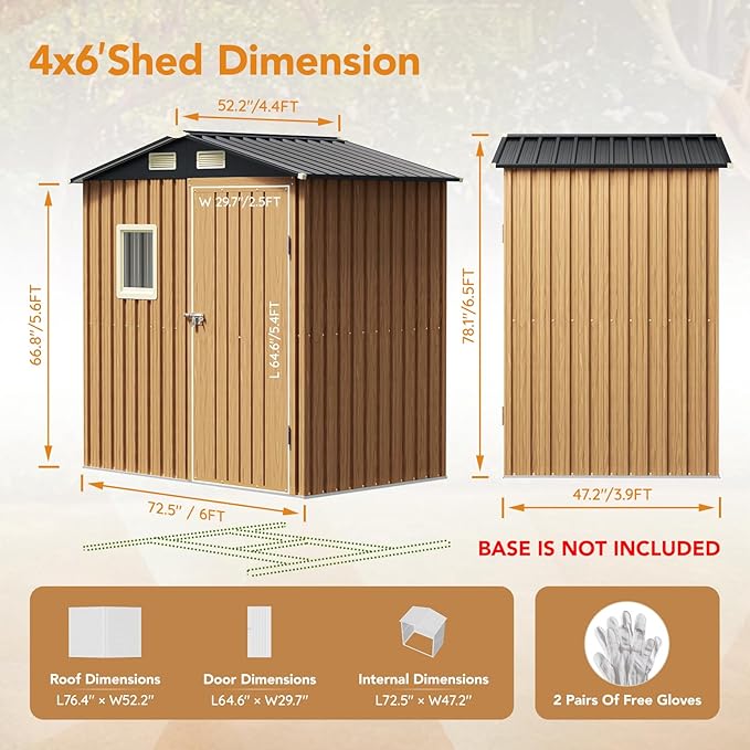 6X4FT Garden Storage Shed with Lockable Door,Steel Tool Shed with 1 Clear Window, Anti-Corrosion Metal Shed for Backyard Patio Lawn (Light Wood Grain)