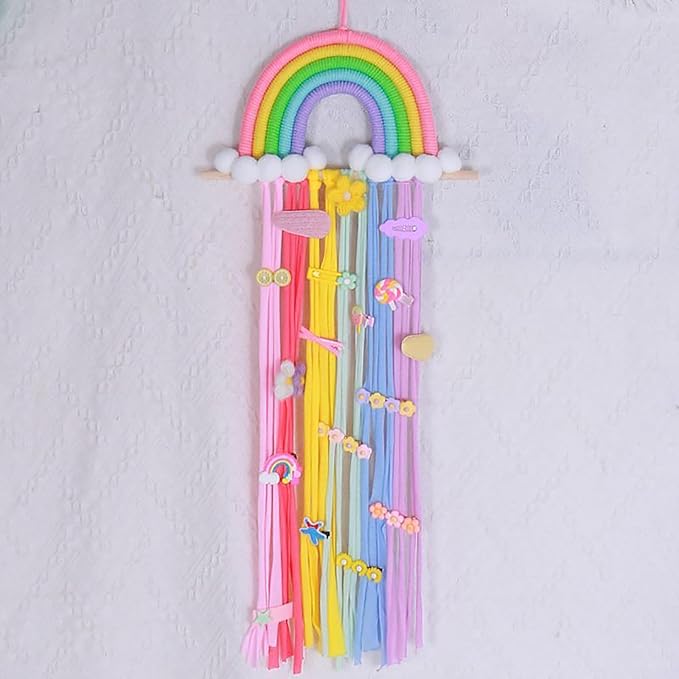 Rainbow Macrame Bow Holder Hanging Hair Bow Organizer for Girls, Hair Clip Holder Hair Clips Headband Storage Hanger Boho Wall Decor