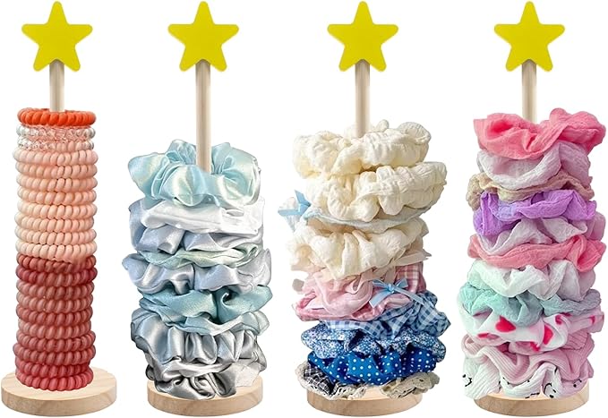SnowTing 4 PCS Scrunchie Holder, Wooden Hair Tie Organizer Stand, Cute Star Shape Tabletop Vertical Scrunchies Storage Display Tower for Girls Women Bedroom Bathroom and Store, 10.3'' Tall