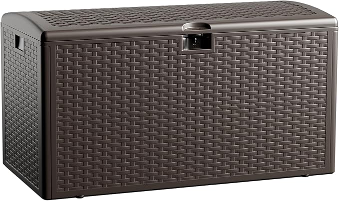 90 Gallon Resin Deck Box, Double Layer Waterproof & Outdoor Indoor Lockable Storage Box for Patio Furniture Cushions Garden Tools (Brown)