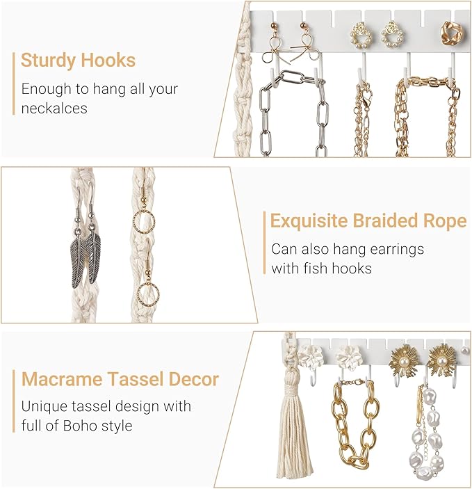 Mkono Hanging Jewelry Organizer Macrame Necklace Holder Wall Mounted Jewelry Hanger Earring Holder Organizer Boho Decor Over Door Jewelry Display Necklace Rack for Necklaces Bracelets Earrings