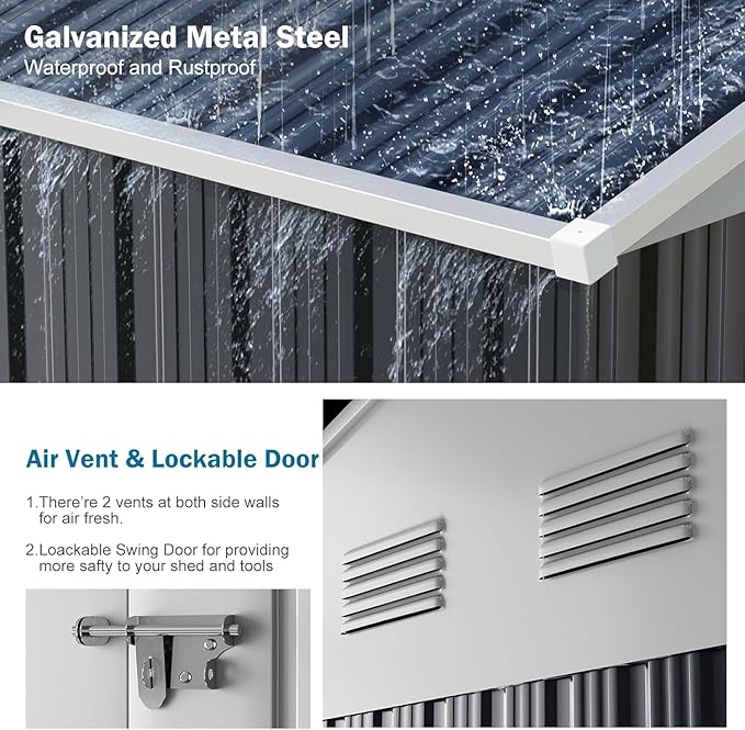 12x10 FT Outdoor Metal Shed,Unique Clear Roof Windows Lockable Double Door Air Vent,Heavy Duty Reinforced Frame Waterproof Sheds for Garden Storage Large Lawnmower Tool,Dark Grey