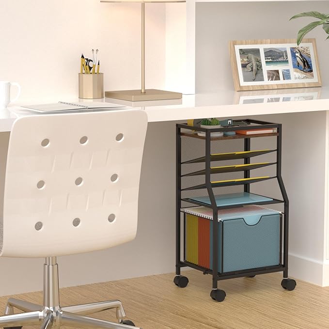 Rolling File Cart, 6-Tier Desk File Organizer on Lockable Wheels, Brown Wood Planks & Mesh Sliding Hanging Folder Drawer, Organization Cart for Office Home School