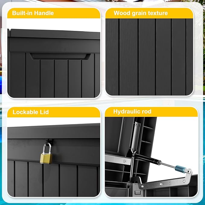 281 Gallon Outdoor Deck Box,Waterproof Resin Outdoor Storage Boxes, Outside Storage Lockable Container for Garden Tools,Indooor Cushions,Accessories (Black)