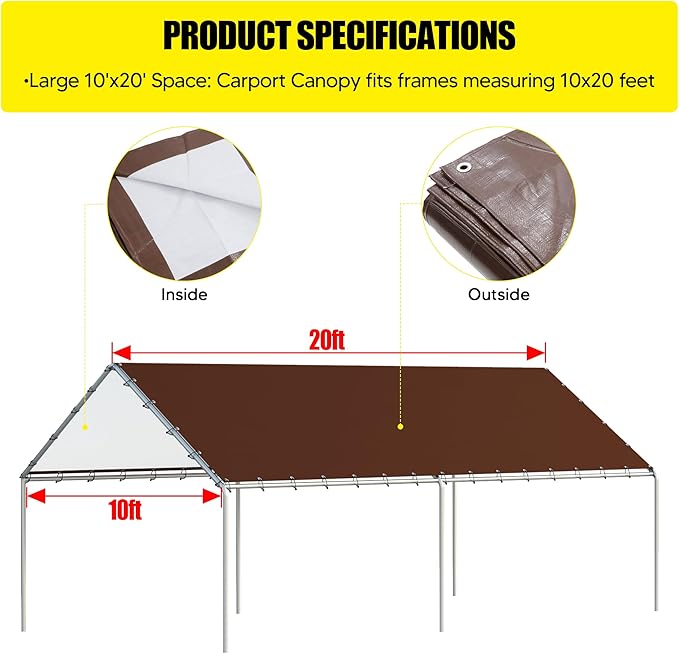 10 x 20 Ft Carport Replacement Canopy Cover Garage Top Tent Shelter Tarp with Free 48 Ball Bungee Cords,Brown (Only Cover, Frame Not Include)