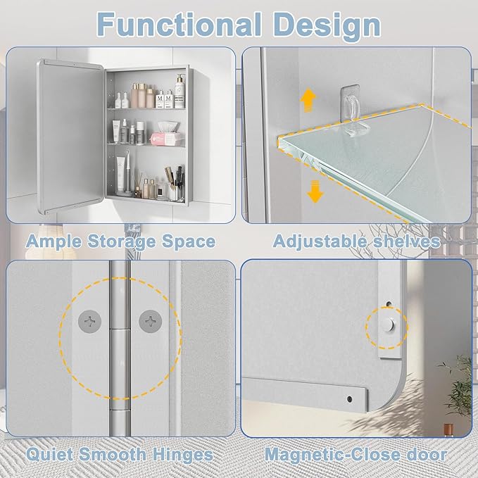 16x24 Inch Medicine Cabinet with Mirror for Bathroom, Silver Aluminum Bathroom Medicine Cabinet, Recessed or Wall Mount Medicine Chest Over Sink, Modern Farmhouse Style, Fully Assembled
