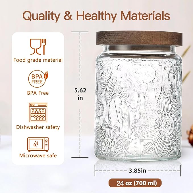 24 OZ Airtight Glass Storage Jar with Bamboo Lid - Vintage Glass Jar Vintage Food Containers Canisters Set for Kitchen Counter & Pantry - Ideal for Sugar, Flour, Coffee, Tea, Candy, Oats -2 Pack