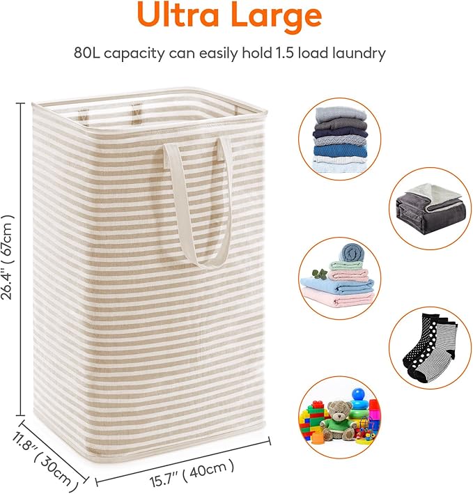 Lifewit 1 Pack Laundry Hamper Large Collapsible Laundry Baskets, Freestanding Waterproof Clothes Hamper with Easy Carry Handles in Laundry Room Bedroom Bathroom College Dorm, Beige, 80L