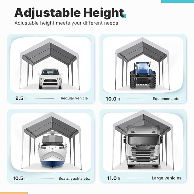 ADVANCE OUTDOOR 10x20 ft Heavy Duty Carport Potable Car Canopy Garage Party Tent Boat Shelter, Adjustable Height, with Leg Cloth, Gray
