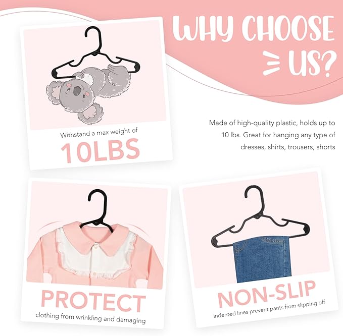 HOUSE DAY Baby Hangers 100 Pack - Durable Plastic Infant & Kids Clothes Hangers, Thin Compact Space-Saving Design for Nursery/Children's Closet, Toddler Small Hangers Black (Infant/Baby/Toddler/Kids)