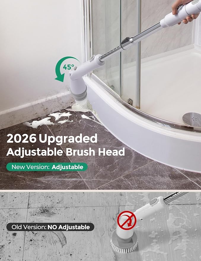 kHelfer Electric Spin Scrubber Kh8, Upgrade Cordless Shower Scrubber 8 Replacement Head, 1.5H Bathroom Scrubber Dual Speed, Shower Cleaning Brush with Extension Arm for Bathtub Tile Floor