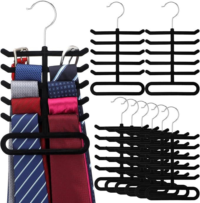 Kathfly 8 Pcs Black Velvet Tie Hanger 360° Rotatable Non Slip Hook Flocked Tie Rack Belt Organizer for Belts and Scarves