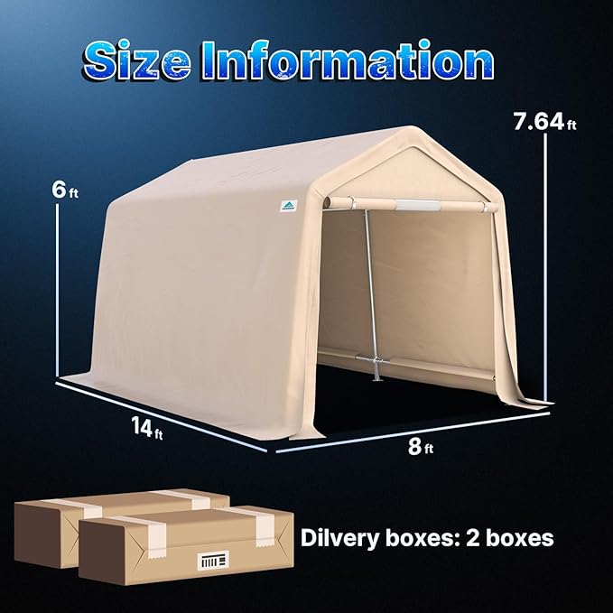 ADVANCE OUTDOOR 8x14 ft Steel Metal Peak Roof Portable Garage Shelter Storage Shed Carport for Motorcycle, Bike or Garden Tools with 2 Roll up Doors & Vents, Beige