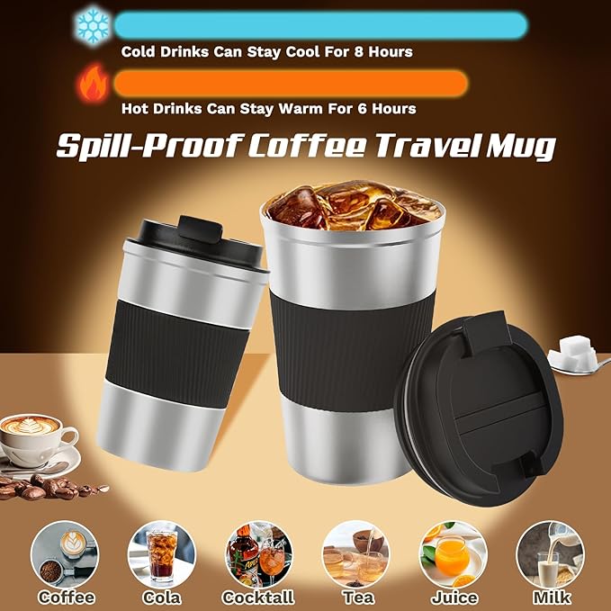 Vacuum-Insulated Stainless Steel Travel Coffee Mug, Leak-Proof Reusable Coffee Cup with Lid-Keep Hot & Cold Drinks for Hours, Durable Insulated Tumbler for Men & Women(3rd-Silver black, 12OZ)
