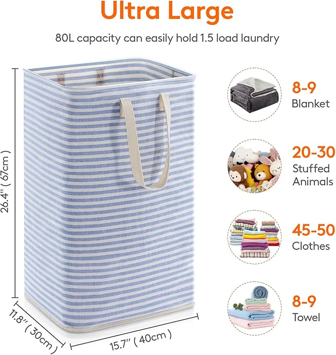Lifewit 1 Pack Laundry Hamper Large Collapsible Laundry Baskets, Freestanding Waterproof Clothes Hamper with Easy Carry Handles in Laundry Room Bedroom Bathroom College Dorm, Blue, 80L
