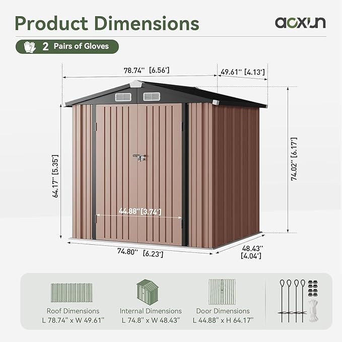 Aoxun 6.2x4 FT Shed with Anchors and Wind-Resistant Ropes Outdoor Storage Shed with Lockable Doors & Slooping Roof Metal Garden Tool Shed for Backyard, Patio, Poolside (Brown)