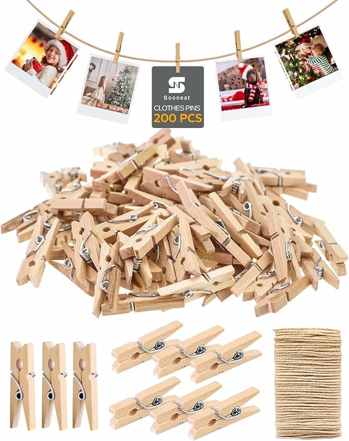 Mini Clothes Pins for Photo, Natural Small Wooden Clothespins 1 Inch Tiny Wood Decorative Clips Bulk, 33FT Jute Twine and Clothespins for Crafts Photos Pictures Baby Shower Game Classroom, 200 PCS
