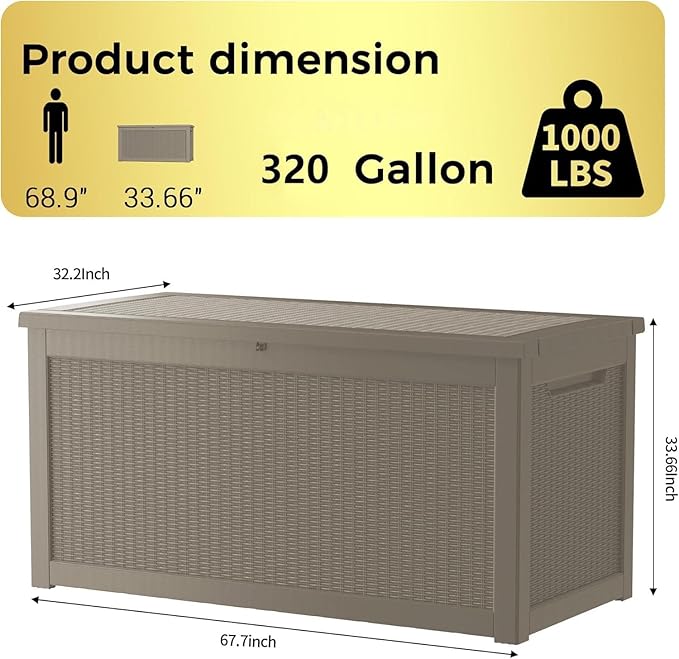 Outdoor Storage Deck Box Waterproof, 320 Gallon Large Lockable Patio Storage Bin Chest, Resin Outside Container Seat Bench for Furniture Cushions, Pool Accessories, Garden Tools & Delivery, Grey