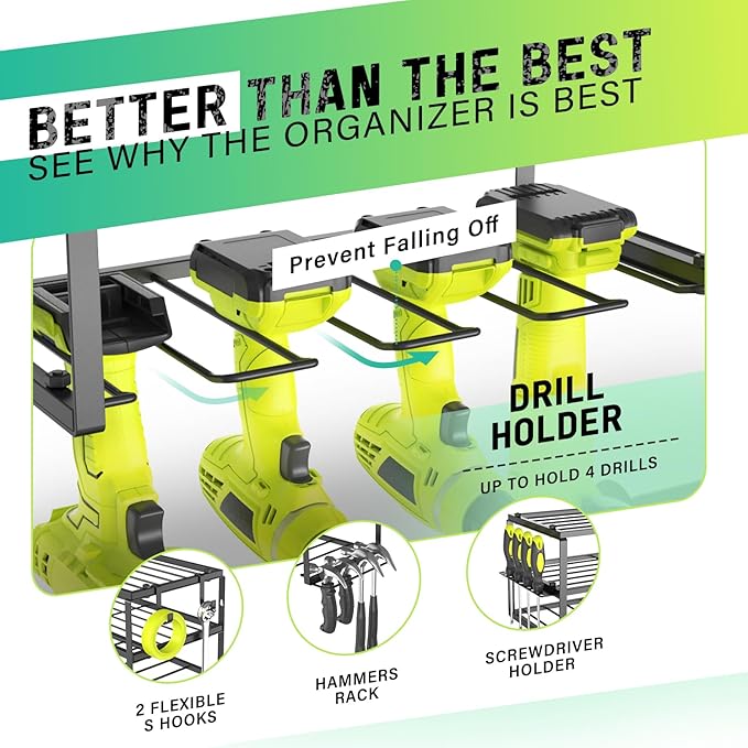 3-Tier Heavy Duty Steel Power Tool Organizer, Matte Black, 3 Layers Tool Rack Cordless Drill, Floating Shelf Wall Mounted, 4 Drill Holders