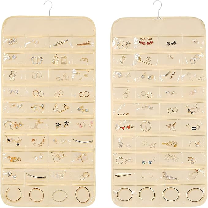 2 Pack Jewelry Hanging Organizer 80 Pocket with Hanger Hook, Double Sided Hanging Wall Jewelry Holder for Closet, Over Door Necklace Earring Storage Roll Bag for Women Ring Bracelet, Beige