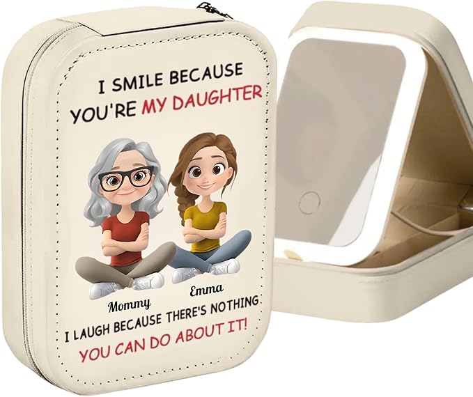 I Smile Because You're My Daughter, For Daughter Personalized Custom Jewelry Box with LED Mirror, Cartoon Mom Daughter Travel Jewelry Case, Daughter Leather Jewelry Organizer, Daughter Gifts from Mom