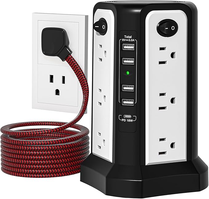10FT Extension Cord with Multiple Outlets|PASSUS Surge Protector Power Strip with USB C(PD18W) Port|Flat Plug Braided Cord|Tower Outlets with USB Ports,Overload Protection for Home Office DormRoom