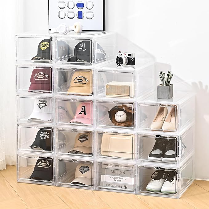 Hat Organizer Box, Clear Baseball Caps Holder, Stackable, Magnetic Door, Dustproof, Modern Style, Holds 40 Hats (Clear, 4 Pack)