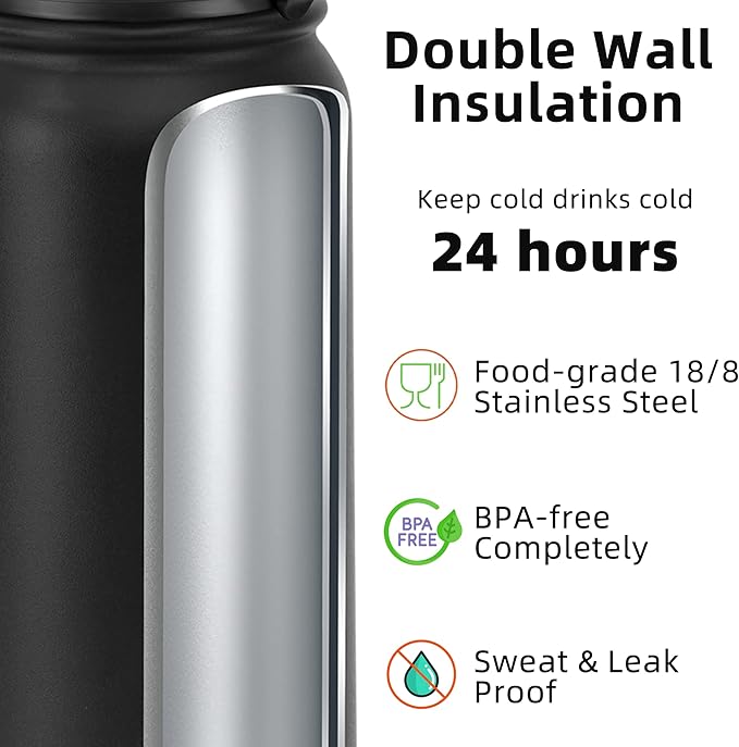 Fanhaw 20 oz Insulated Stainless Steel Water Bottle with Anti-Dust Chug Lid, Leakproof Vacuum Metal Bottle for Kids, Women & Men (Black)