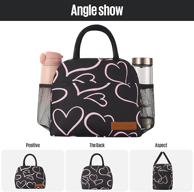 Lunch Bag Women/Men Lunch Box Women/Men (black+pink heart)