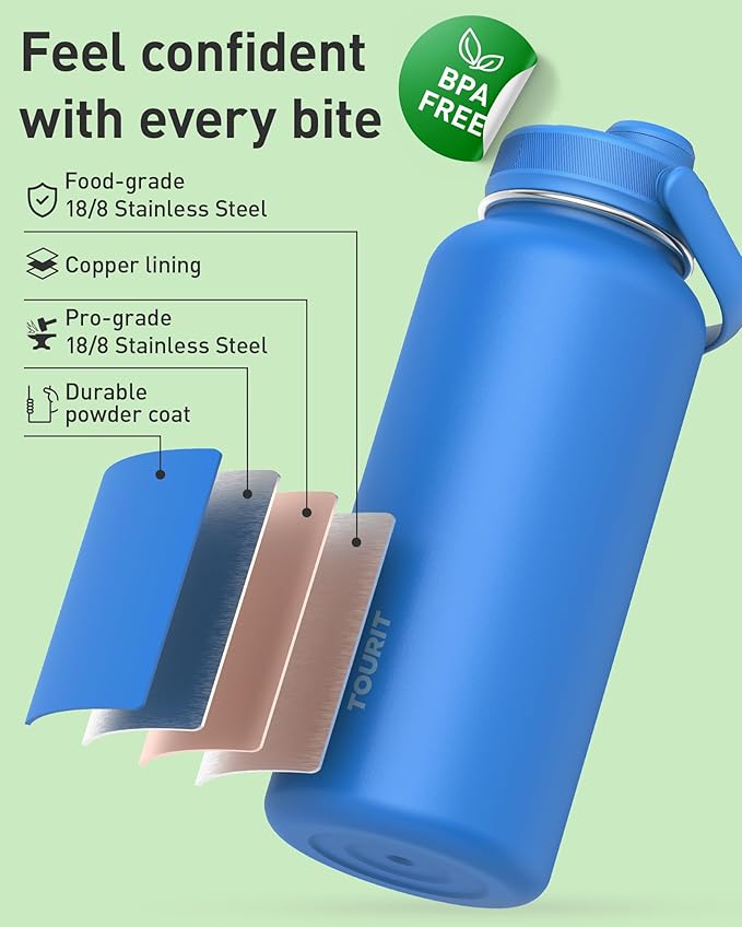 TOURIT 32 oz Insulated Water Bottle, Stainless Steel Sports Water Bottles With Top Handle, Double-Wall Travel Thermal Water Flask, BPA Free Leakproof Water Bottle,Light brown checkered