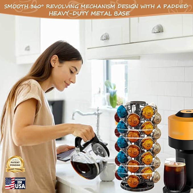 Coffee Pods Holder Organizer, 360 Degrees Revolving Pod Carousel Compatible for 40 Nespresso Vertuo Pods No Assembly Required Nespresso Pods Holder Tower Stand,Piano Black